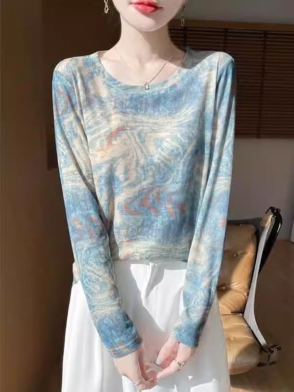 复古扎染印花长袖T恤女春季薄款防晒空调衫天丝莱赛尔内搭打底衫|undefined