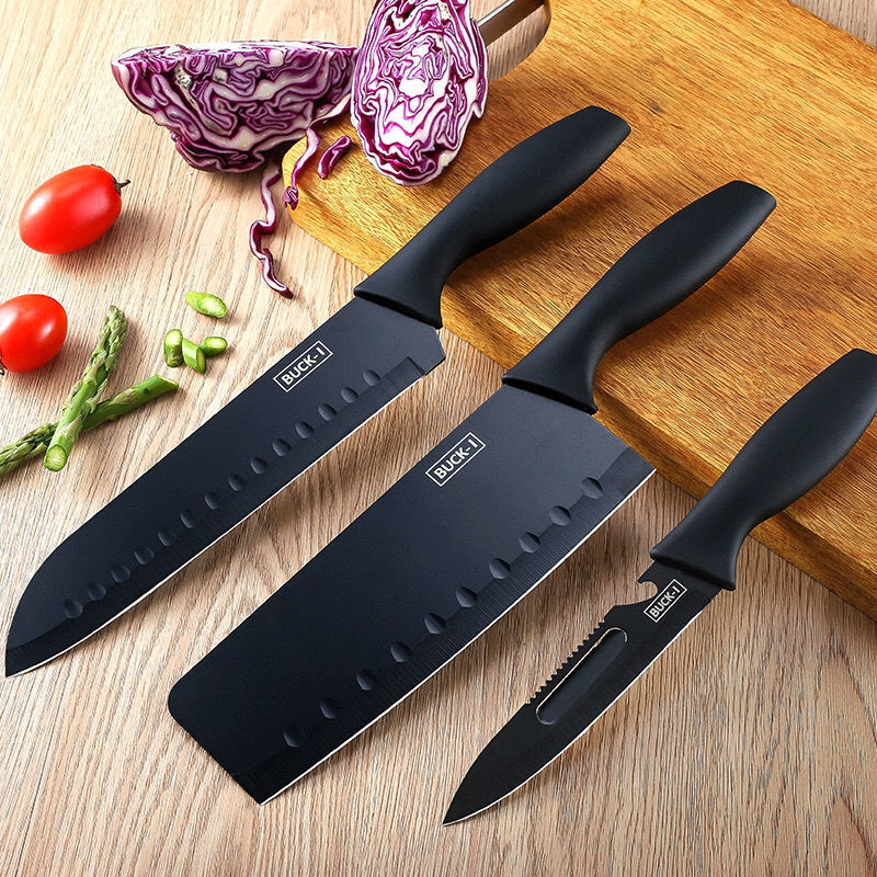 Juego de cuchillos de acero inoxidable para el hogar Juego de siete piezas Cuchillo de frutas de cocina de acero negro Cuchillo de cocina Juego de cuchillos Soporte para cuchillos de plástico Tablero de cortar