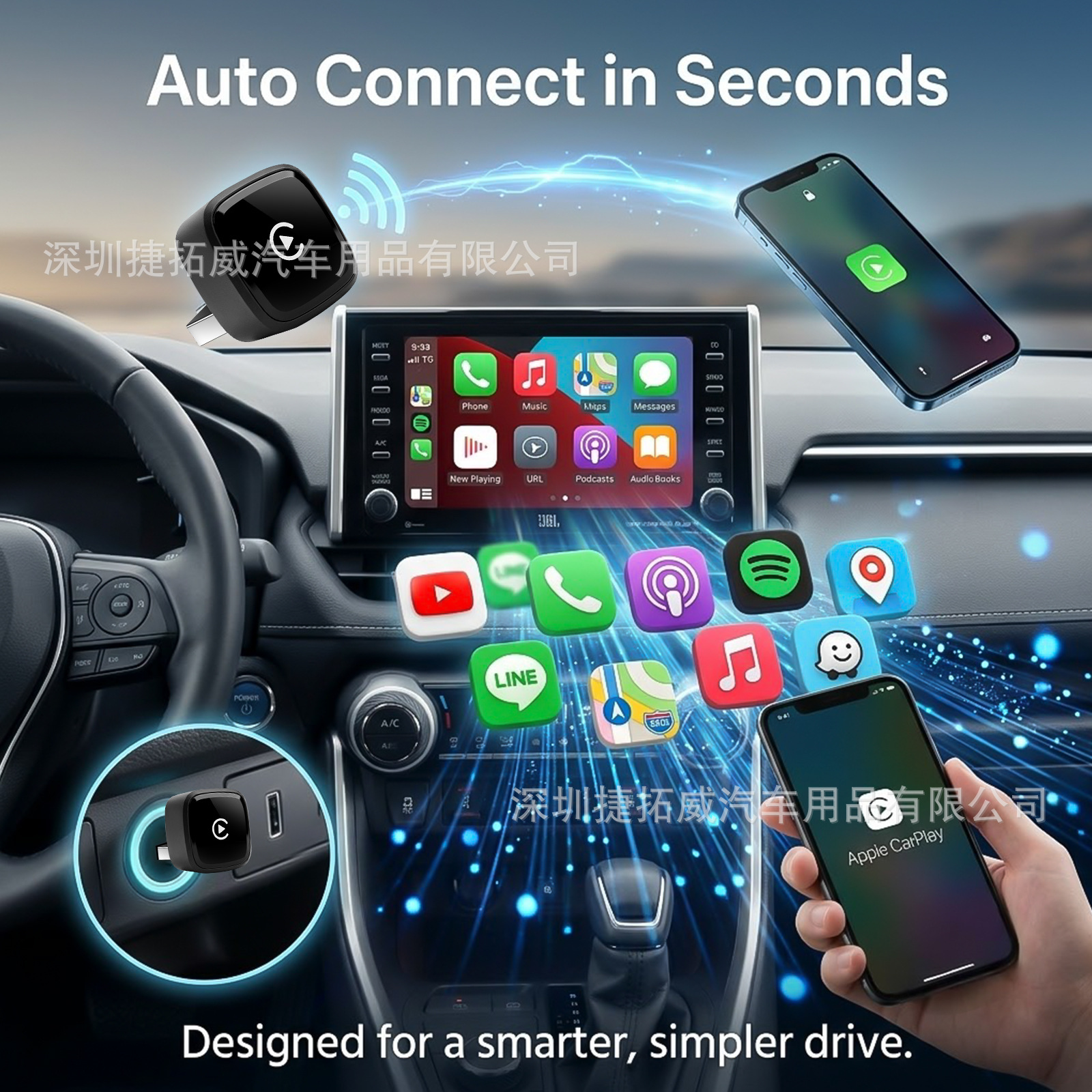 Cross-border wireless CarPlay adapter, Apple Auto 2-in-1, converts wired CarPlay to wireless in your car