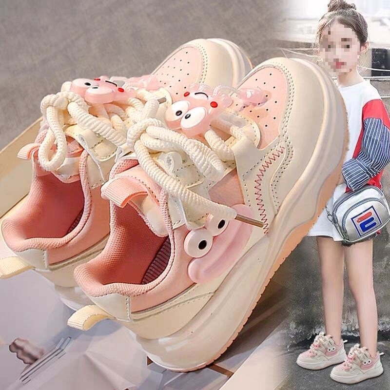 Girls' Sports Shoes Spring and Autum New Kidsren's Soft-Soled Breathable Sneakers for Girls, Medium and Large Kidsren's Leather-Covered Cute Shoes Trendy