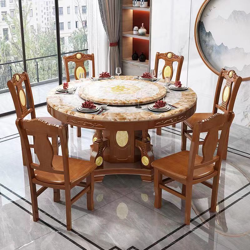 Customized Dining Table for Home Use, Solid Wood Round Dining Table for Restaurants, Hotels, and Inns, with a Turntable, Complete Dining Table and Chair Set, Large Cross-Border