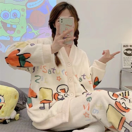 Cartoon Flannel Pajama Set for Women - Winter Thick Princess Style Long Sleeve Open Top Outerwear Warm Sweet Homecoming Clothes