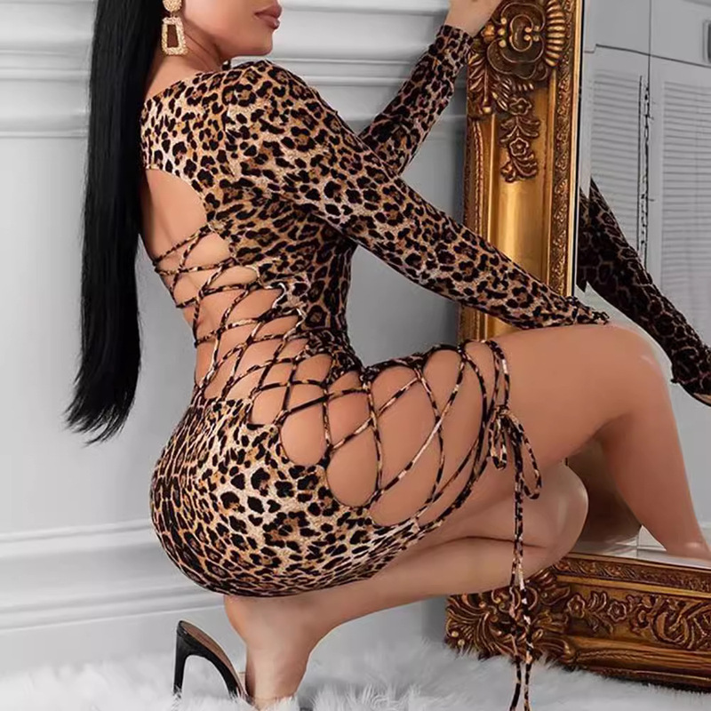 Amazon's Best-Selling European and American Super Sexy Nightclub Leopard Print Backless Lace-Up Hip-Hugging Short Dress