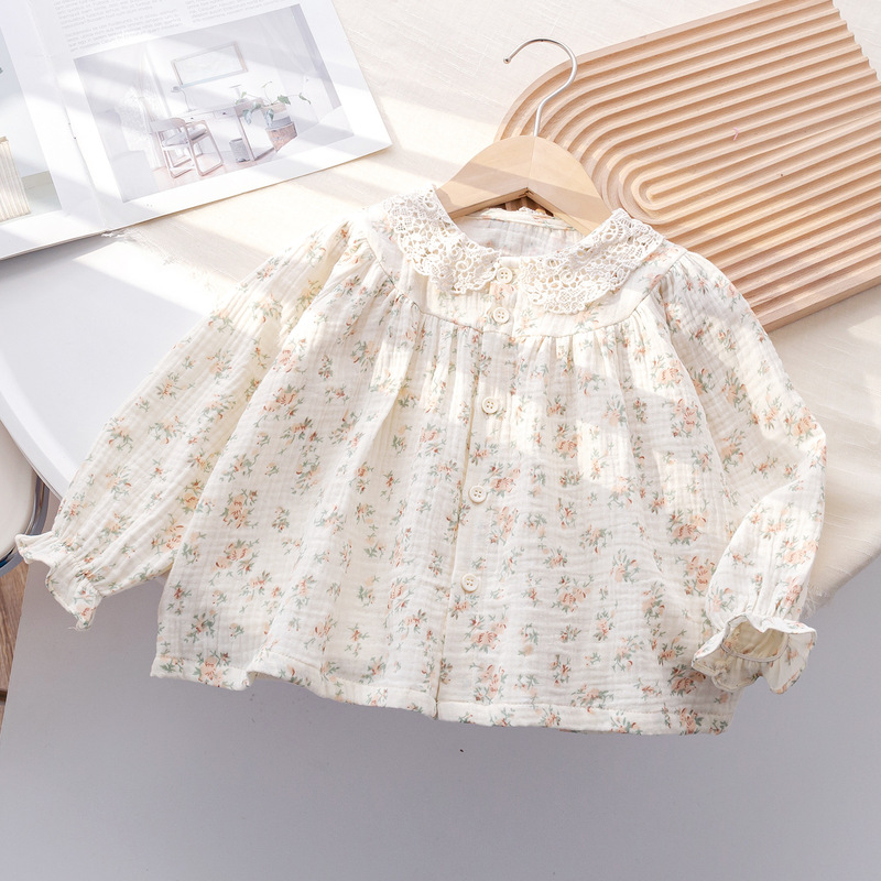 Sweetheart Daddy Girls' Korean Style Floral Fresh Shirt Baby Stylish Ruffled Blouse Spring New Long Sleeve Top