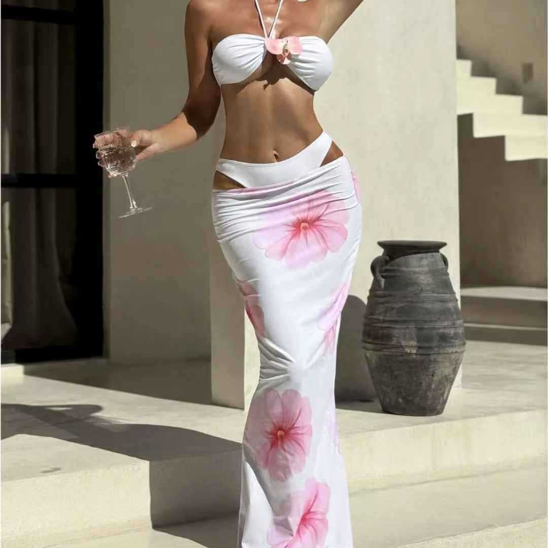 2025欧美新款泳衣定版大花抹胸三件套长裙泳装比基尼bikini跨境