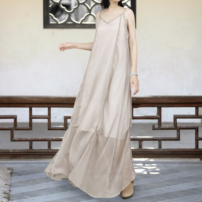 Mulan homemade niche design three-dimensional tailoring elegant suspender dress long dress temperament dress three-color