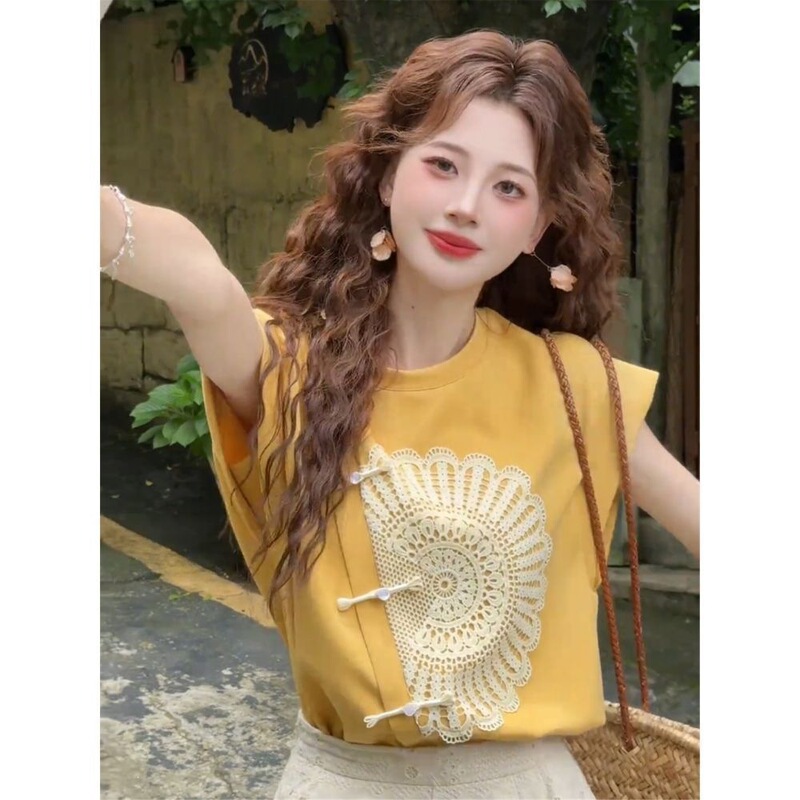 Lace-Trimmed Beautiful Flutter-Sleeve Top for Women, 2026 Summer Design, Plus-Size Short-Sleeve T-Shirt