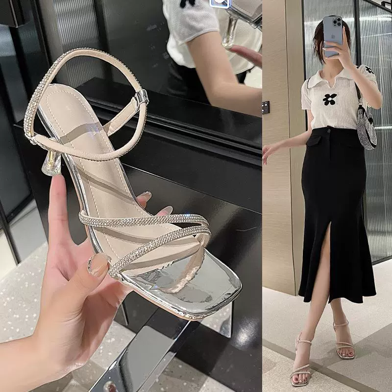 Сандалии со стразами женские наружные носки 2024 летом новый стиль с открытым пальцем фея с юбкой на каблуках