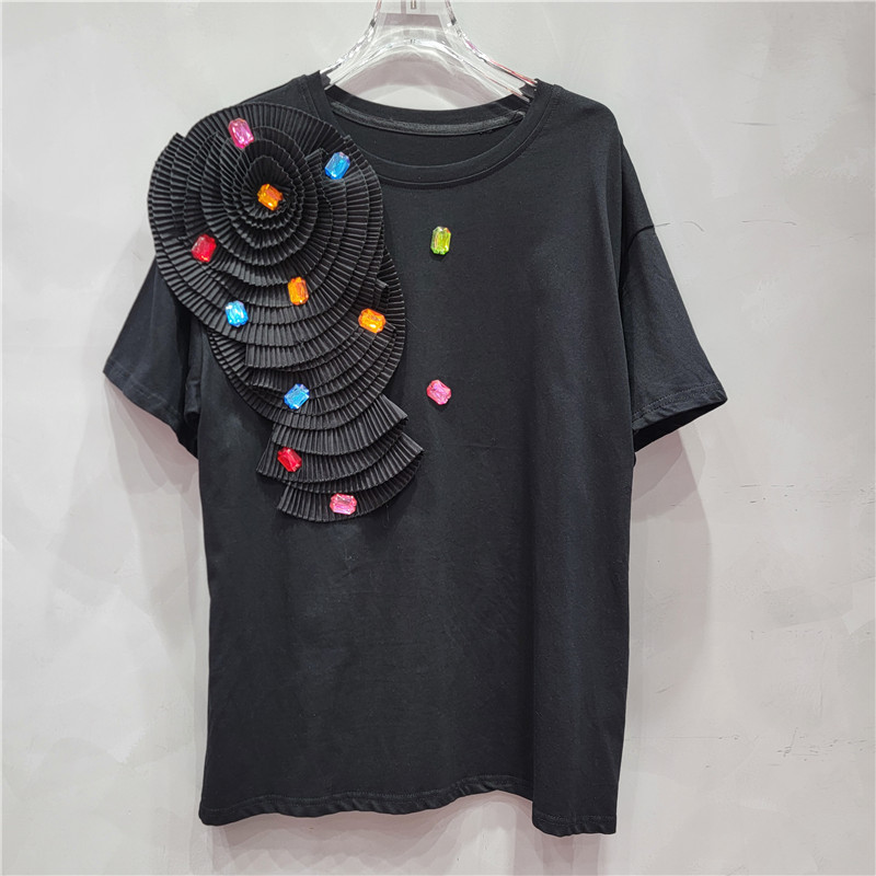 Verano coreano cuello redondo color sólido industria pesada flor mujer manga corta camiseta recta moda todo fósforo plisado suelto