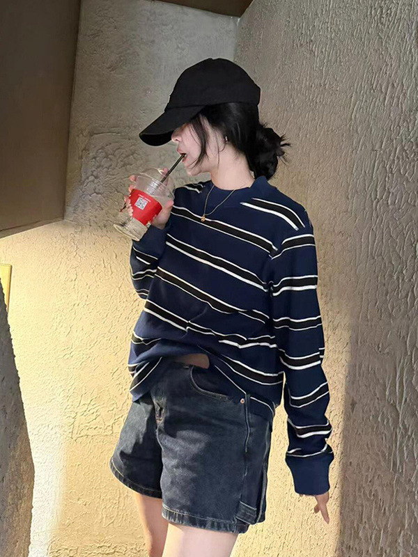 巨好看设计感上衣法式宽松休闲套头藏青色条纹长袖t恤女2025秋季|undefined