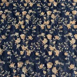 全棉藏青色牛仔底满幅金色亮片刺绣绣花布时尚外套服装绣花面料