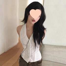 韩系花边条纹挂脖吊带背心女外穿夏季单排扣修身收腰美背无袖上衣