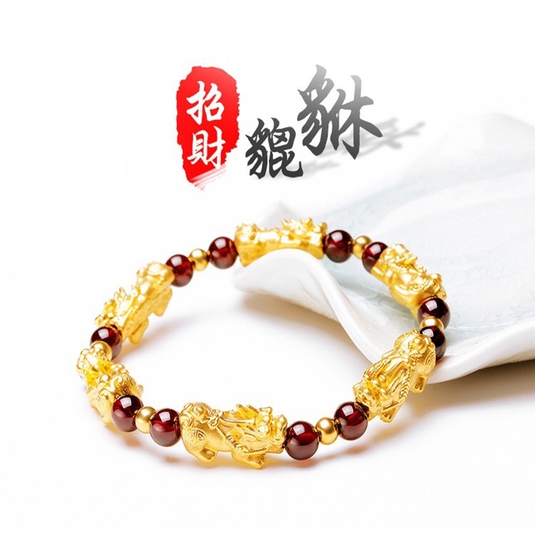 本物のローズフラワートランスファービーズ貔貅カップルブレスレットレディースビーズワインレッド模造ガーネットレディースブレスレットサンドゴールド付き|undefined