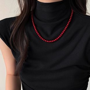Hong Kong Style Retro Burgundy Pearl Necklace for Women 2025 New Style with Autumn and Winter Sweater Chain Valentine's Day Gift Clavicle Chain