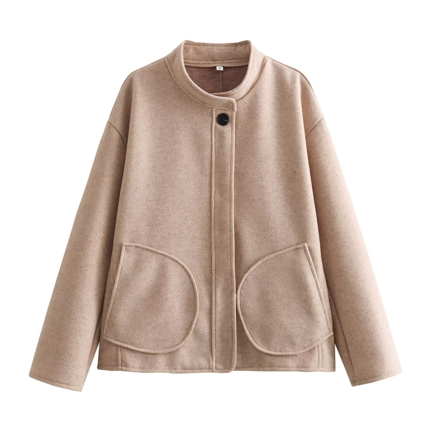 Damenbekleidung Rundhals Wollmantel Modejacke Langarm Dekorative Tasche Top_voghion.com