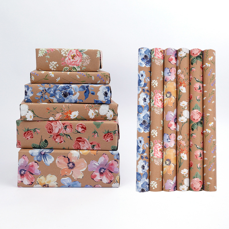 Papel de Regalo Kraft Impreso con Flores Estilo Pintado a Mano para Regalos de Cumpleaños