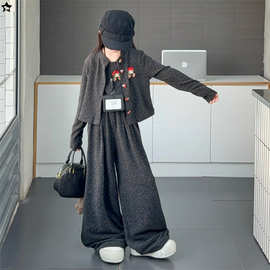 女童秋季套装2025新款儿童韩系波点圆领外套女孩时尚阔腿裤三件套