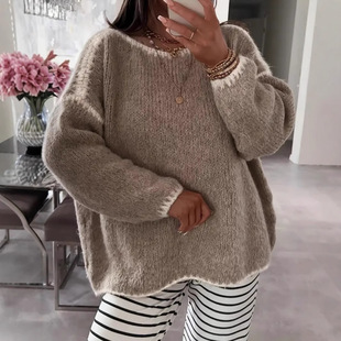 European and American Amazon Korean Style Drawstring Hooded Loose Solid Color Casual plus size Pullover Women's Sweater for Autumn and Winter