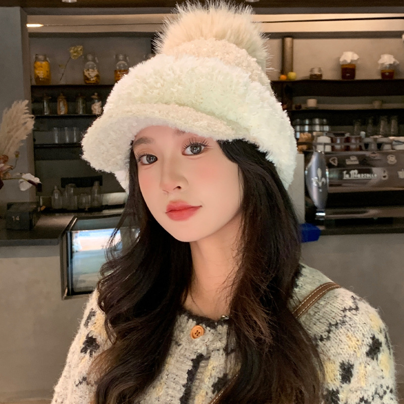 帽子女秋冬季可爱毛球加厚保暖毛绒帽韩系百搭鸭舌帽显脸小包头帽|undefined