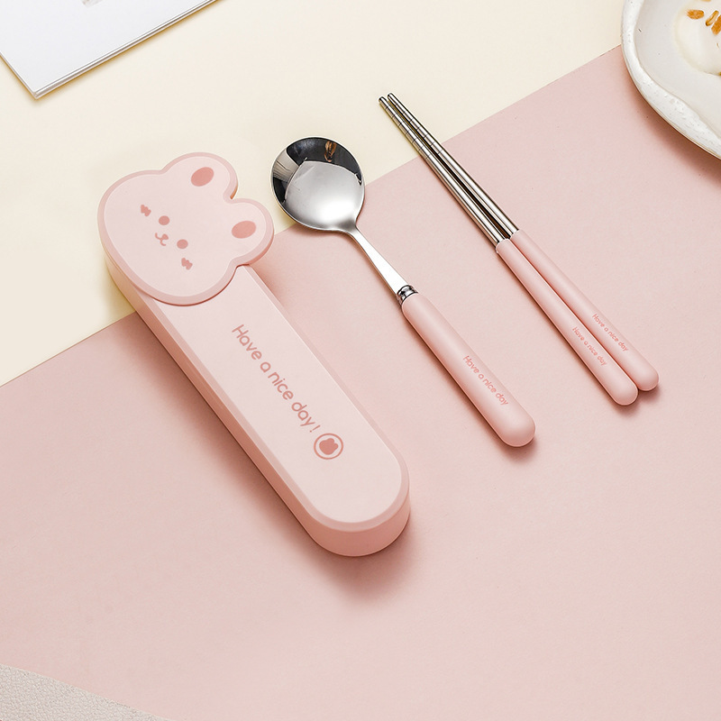 304ステンレス携帯食器三点セット箸スプーンフォーク高颜値学生かわいい食器セット|undefined