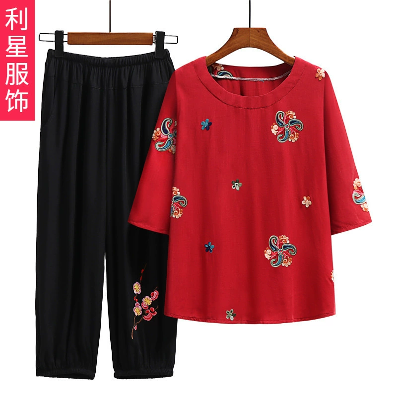 Летний Новый женский костюм-футболка больших размеров с вышивкой в этническом стиле для мам, семи рукавов и женщин среднего и пожилого возраста, топ в западном стиле