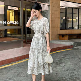 高端真丝连衣裙女2024新款夏季圆领水墨印花时尚洋气桑蚕丝长裙