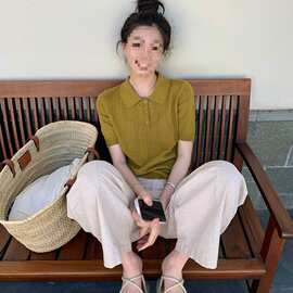 复古镂空钩花领小众设计感显瘦针织衫气质短袖上衣女春夏新款