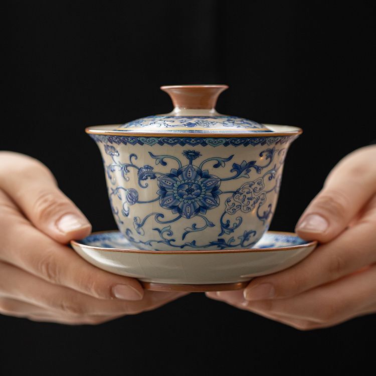 Blue and White Ru Kiln Ware Three-Piece Lidded Bowl, Chinese Style Kung Fu Tea Bowl, Household Gift Tea Set, High-End Anti-Scalding Tea Bowl with Lid Blue and White Ru Kiln Ware Three-Piece Lidded Bowl, Chinese Style Kung Fu Tea Bowl, Household Gift Tea Set, High-End Anti-Scalding Tea Bowl with Lid