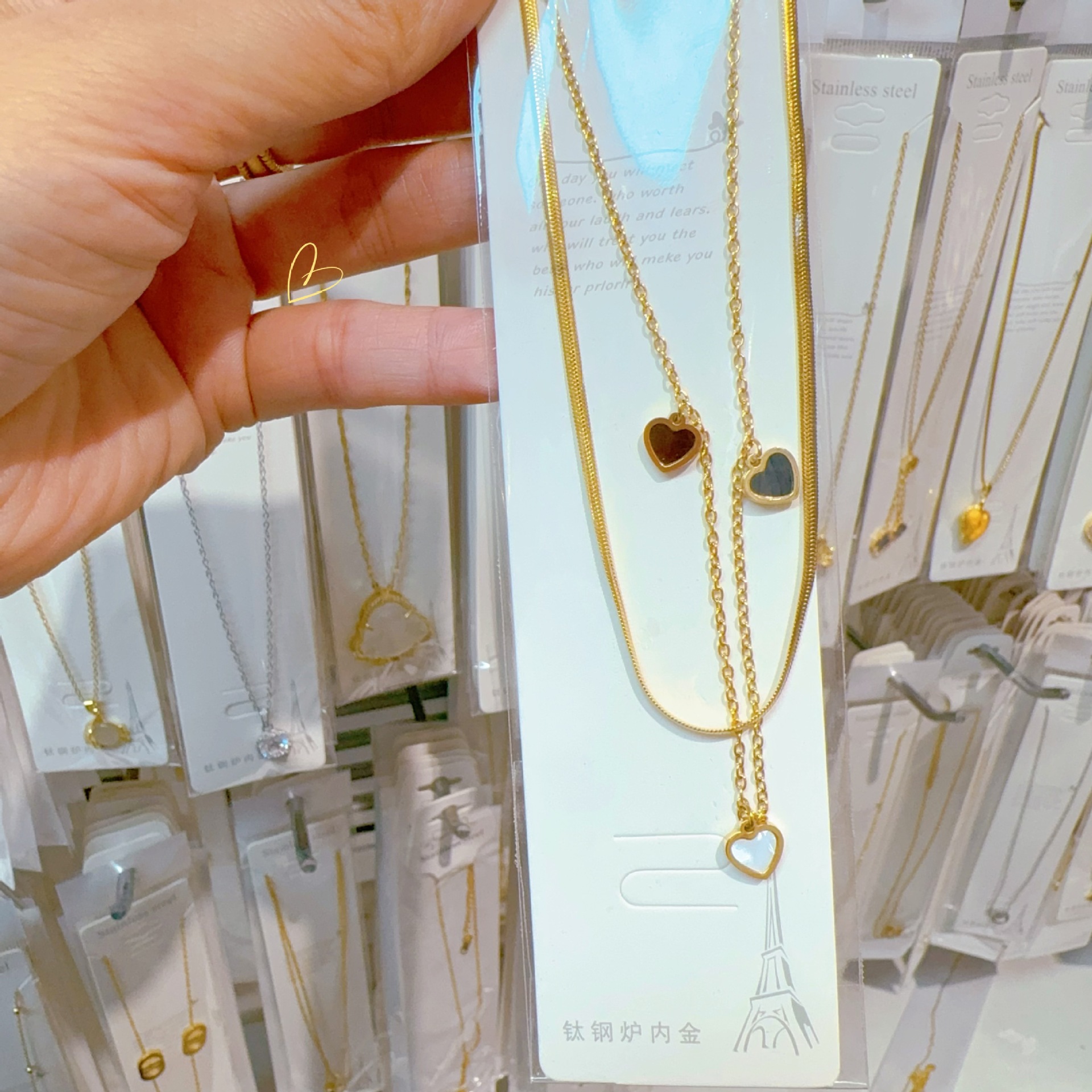 Double layer gold black and white love necklace