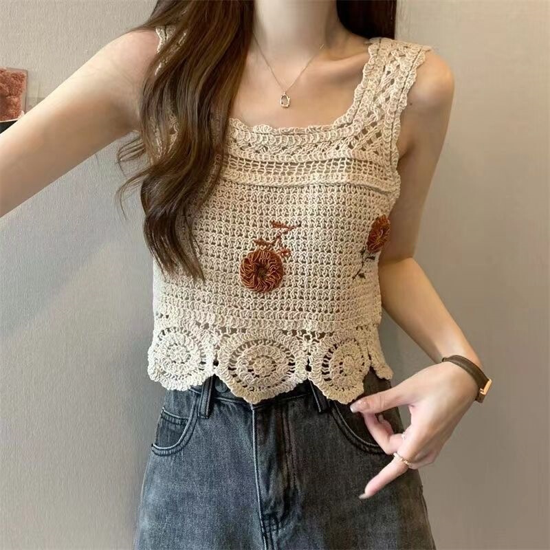 2026 Crochet Retro New Style Hollow-Out Vest Summer Ethnic Style Halter Square Neck Sleeveless Knitted Short Top