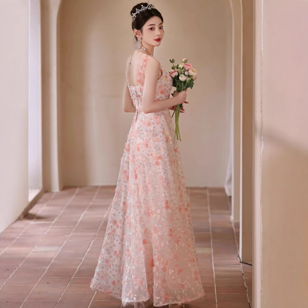 Đầm dạ hội không dây kiểu Pháp dáng suông midi, thiết kế sang trọng nhẹ nhàng — Màu hồng