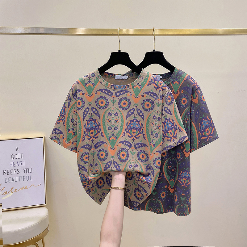 빅사이즈 면 반팔 티셔츠 여성용 2024 여름옷 루즈핏 슬리밍 효과 다용도 프린트 라운드넥 티셔츠 여성용 일본 및 한국 캐주얼