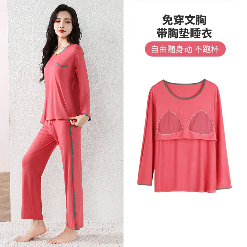 Spring and Autumn New Modal Pajamas Women with Chest Pad Loose plus size Summer Home Clothes suit Long Sleeve Pants for Outer Wear