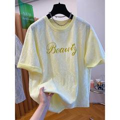 超美しいアルファベットレースtシャツ女性半袖2025春夏新商品ゆるいカジュアルな洋風丸襟上着