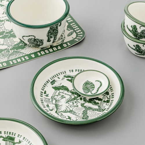 Oriental Qihu tableware set household retro ceramic bowls and plates rice bowl soup noodle bowl for one person