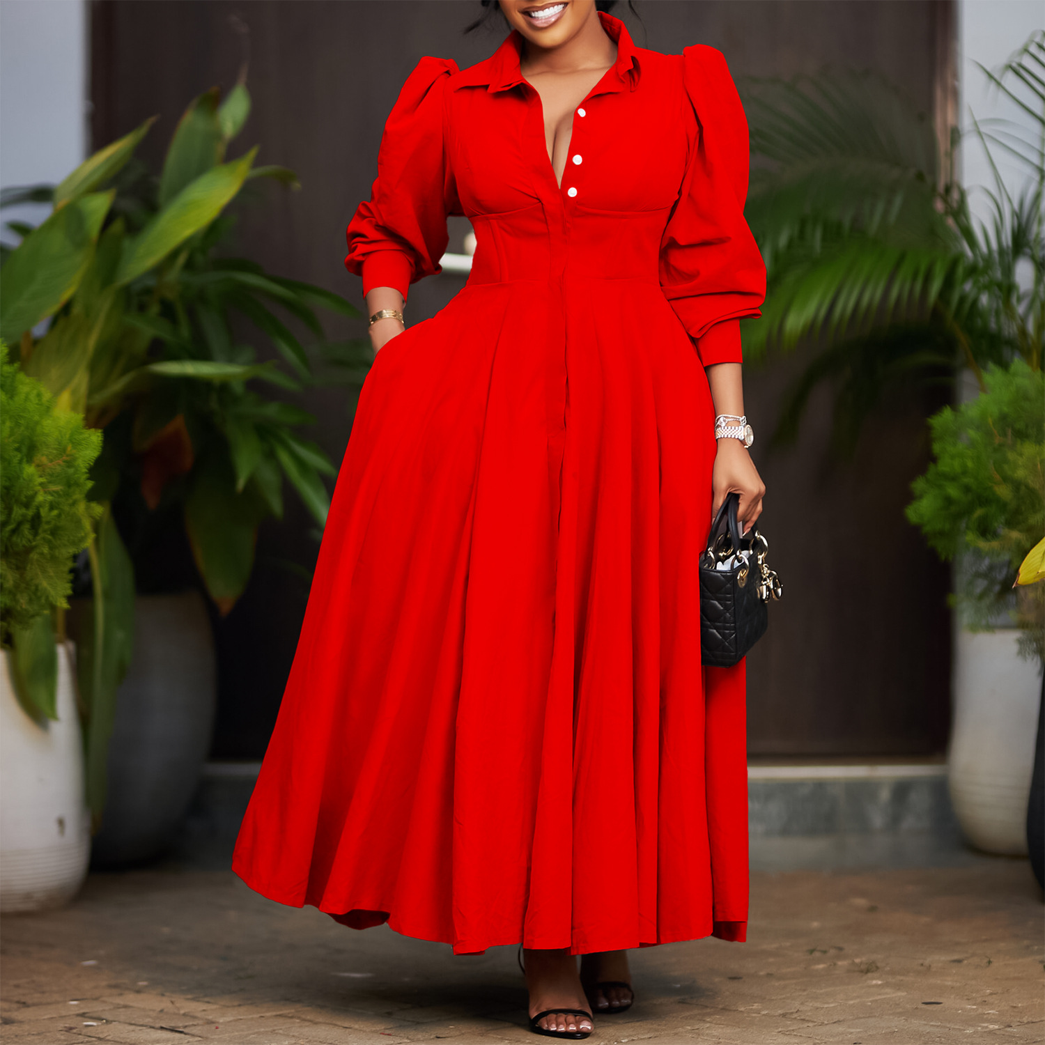 Women's Shirt Dress Elegant Turndown Button Long Sleeve Solid Color Maxi Long Dress Holiday Banquet display picture 12