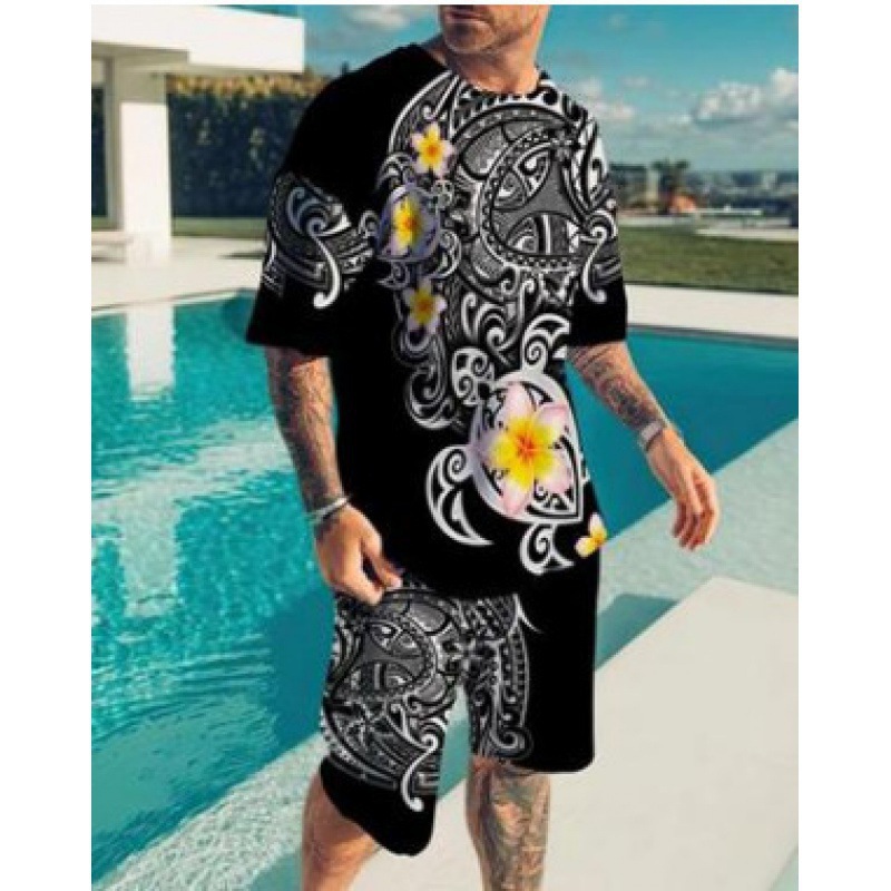 2023 verano transfronterizo camiseta 3D europea y americana manga corta pantalones cortos de dos piezas deportivos casuales para hombres