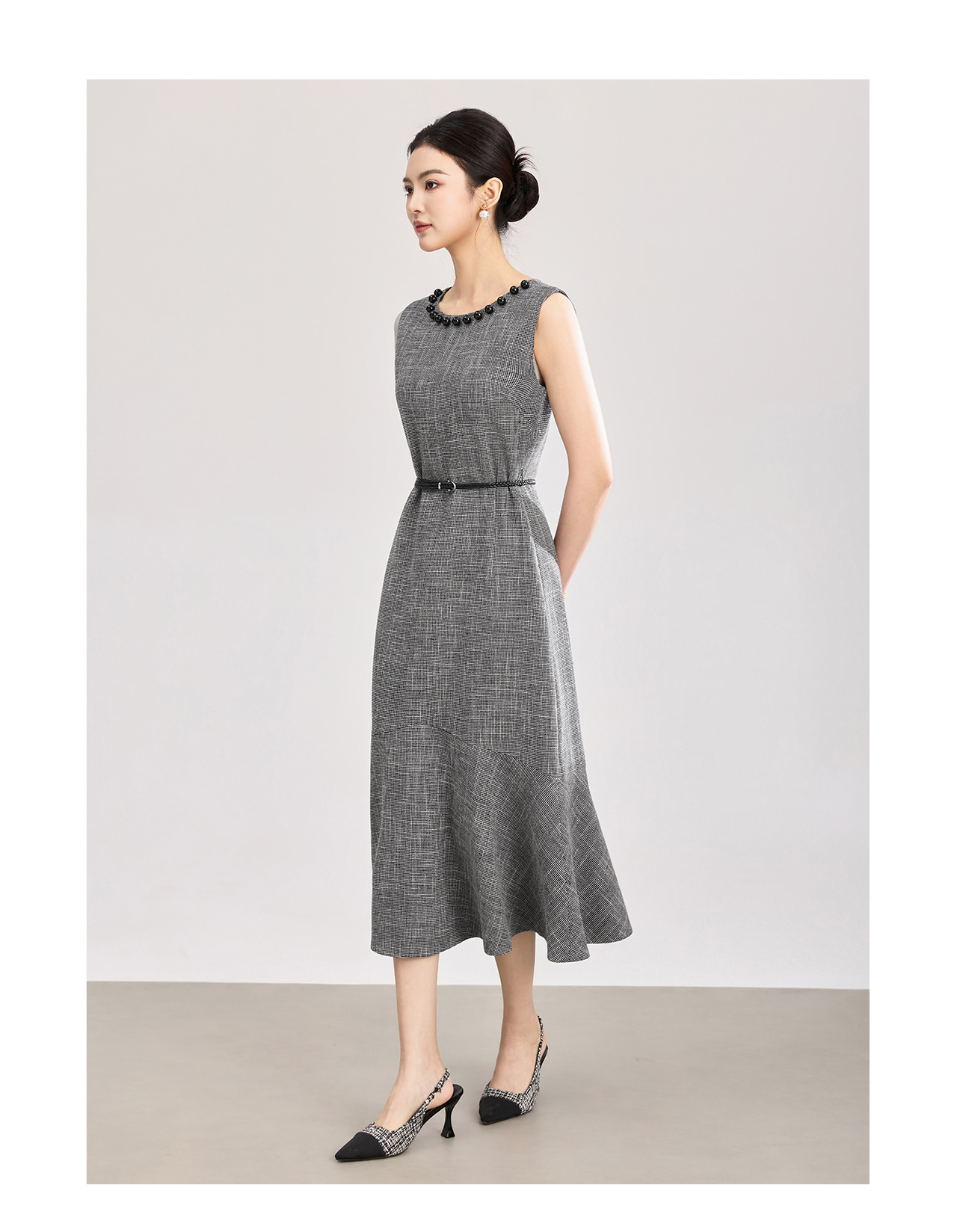 Đầm maxi nữ thắt eo tay ngắn cổ tròn, phong cách công sở dự tiệc — màu đen chi tiết 12
