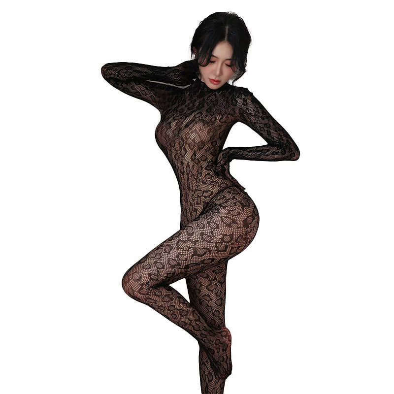 Женский bodystocking леопардовый кружевной, сетчатые рукава, открытая спина, цельный (Чёрный/Фиолетовый)