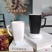 复古黑白方形陶瓷杯家用男女情侣马克杯办公室高级宴会咖啡杯批发