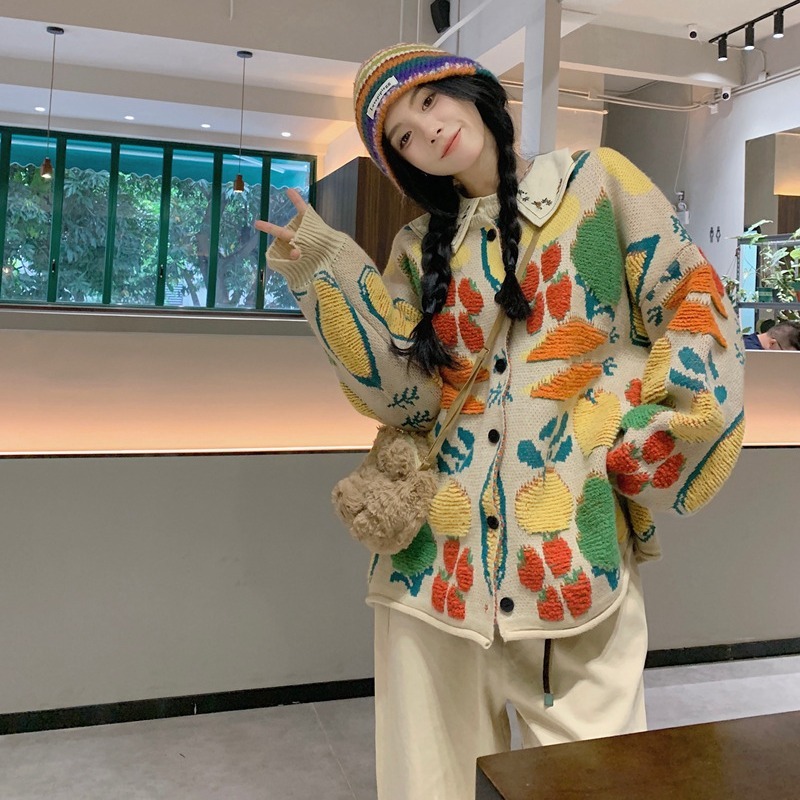 重工提花撞色森系保暖毛衣开衫外套女秋冬2025新款宽松针织衫上衣|undefined
