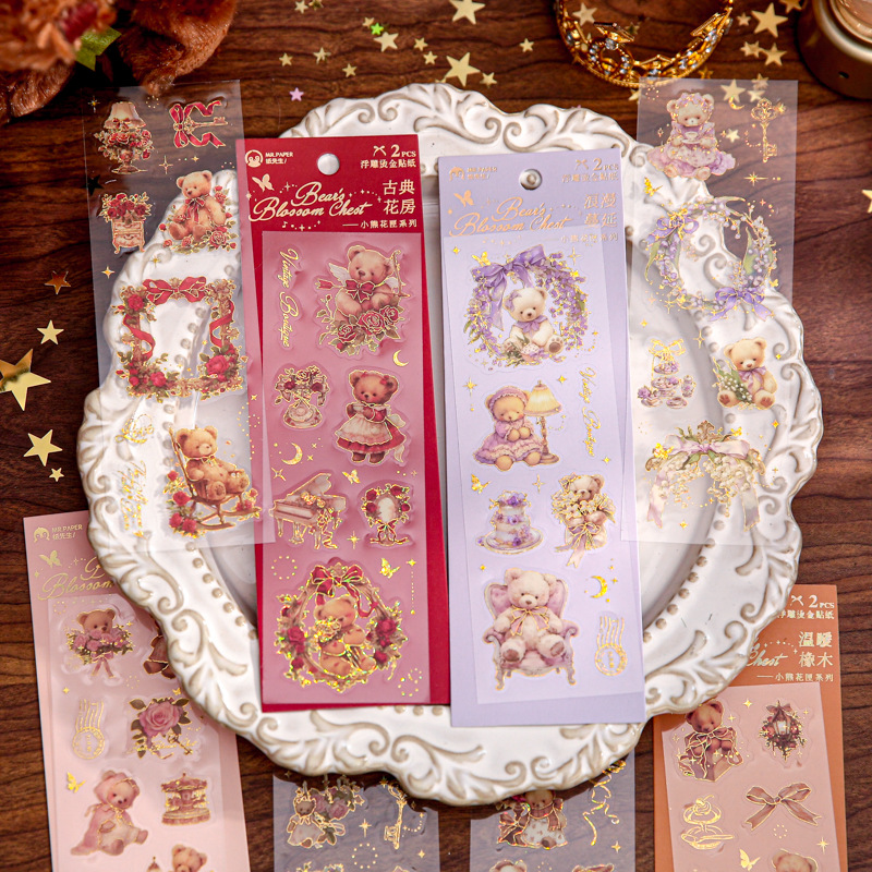 Sr. Paper, estampado en caliente en relieve, pegatina plana, caja de flores de oso, material de cuenta manual, película cortada, decoración de forma especial, pegatina de bricolaje
