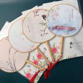 批花鸟团扇舞蹈印花汉服宫廷扇中国风圆扇婚礼景区古风扇可印logo