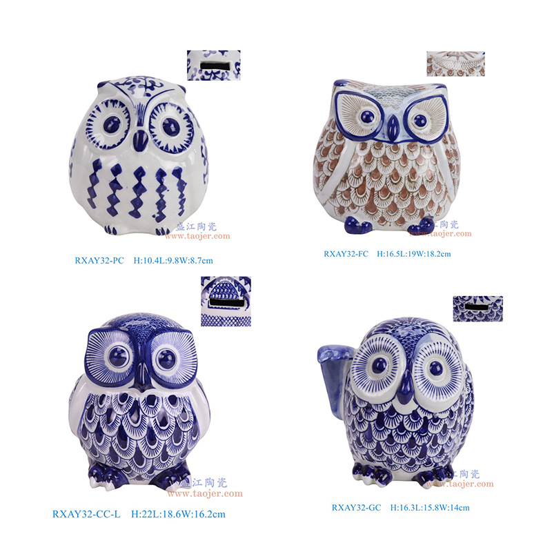 Jingdezhen blue and white porcelain owl piggy bank ceramic sculpture…