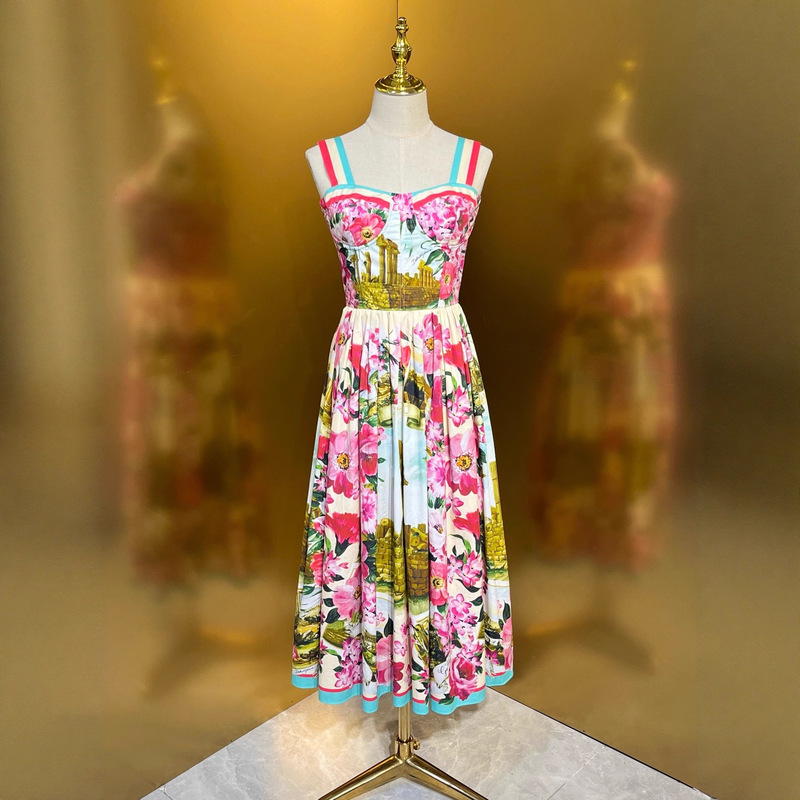 Apricot Bottom Pink Large Flower Roman Architecture Cotton Tight Waist Chest Cup Suspender Dress Sweet Romantic Fairy Skirt