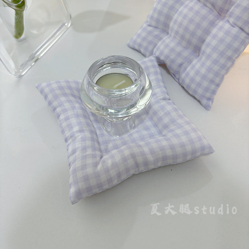 浅紫色格子ins风蝴蝶结花边餐布 自制厨房拍摄野餐道具背景小垫子|undefined