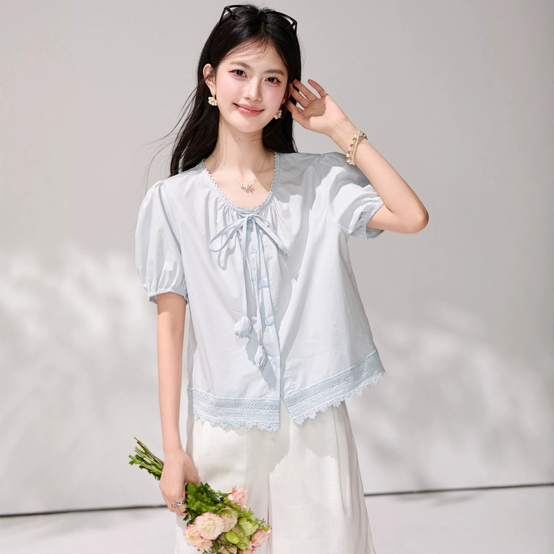 Light Blue Lace Round Neck Short-Sleeved Shirt for Women, Summer Puff-Sleeved Babydoll Shirt, French-Style Unique and Exquisite Top Light Blue Lace Round Neck Short-Sleeved Shirt for Women, Summer Puff-Sleeved Babydoll Shirt, French-Style Unique and Exquisite Top