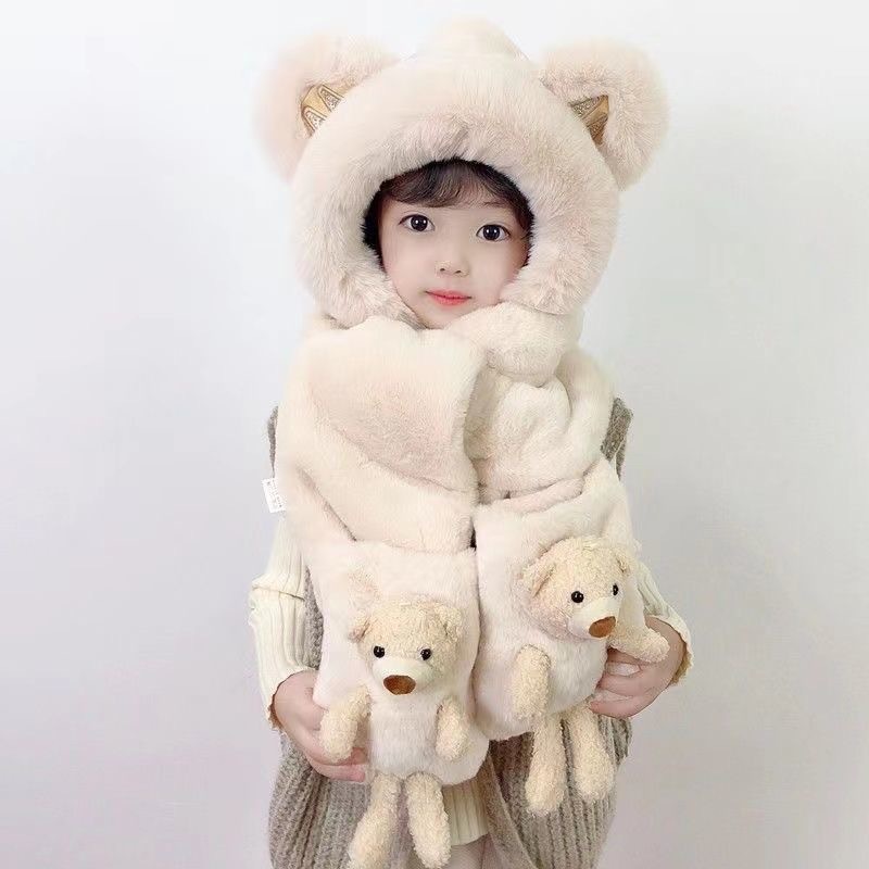 新款可爱毛绒保暖秋冬护耳帽子一体小熊冬季帽子围巾手套三件套女|undefined