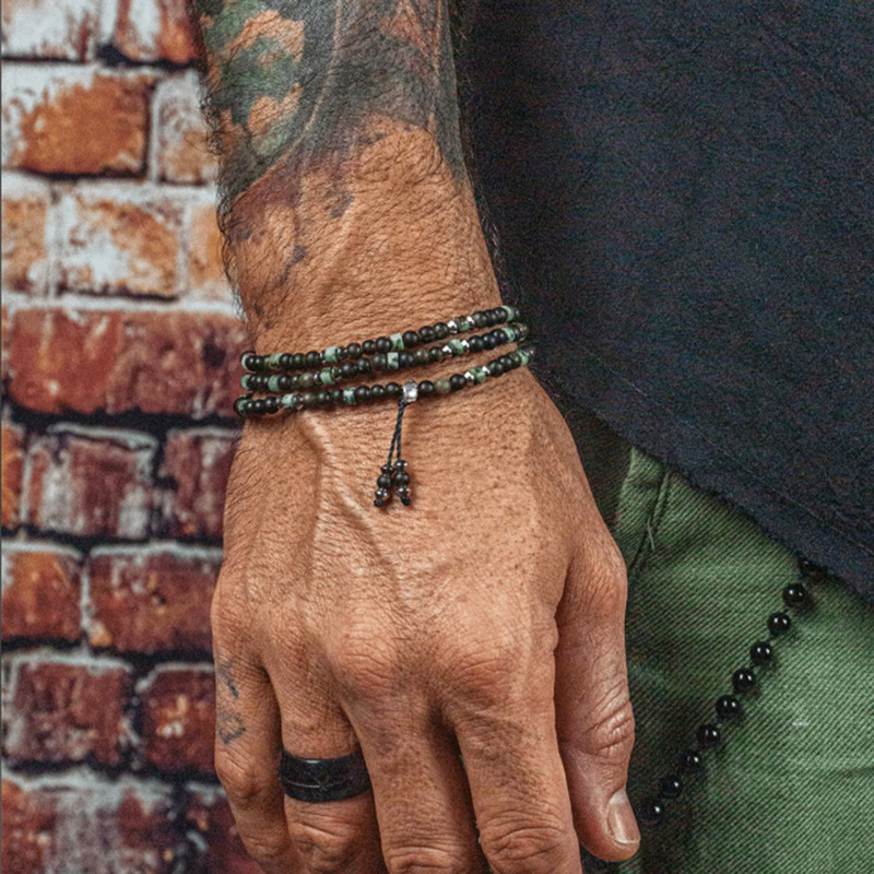 Vintage Men's Multi-Layer Wrap Bracelet Hip-Hop Niche Black Matte African Opal Beaded Stretch Multi-Strand Bracelet