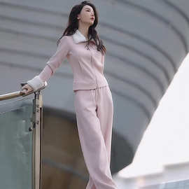 网红同款时尚运动直筒长裤一整套拉链开衫粉色甜美风卫衣两件套女